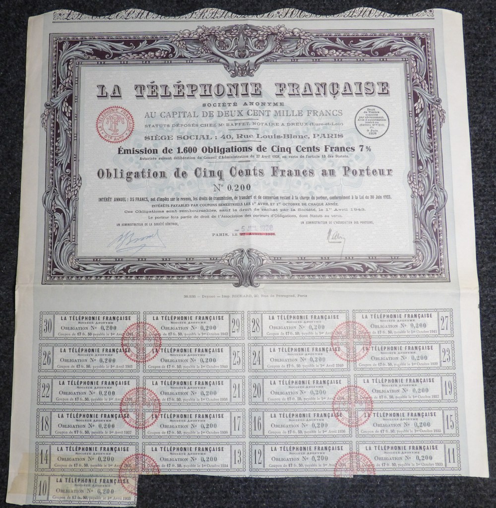 Obligation de cinq cent francs au porteur