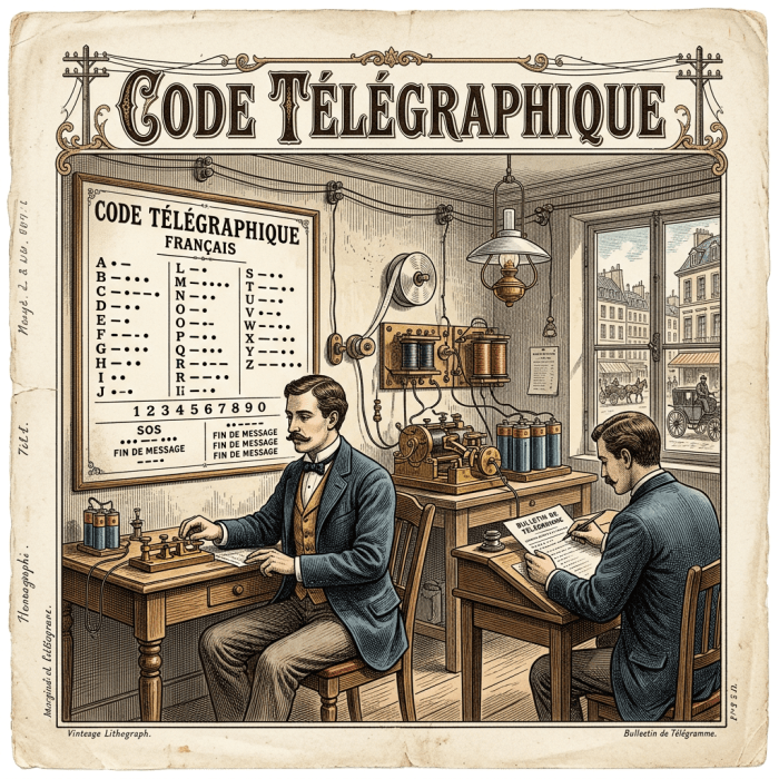 Two men using telegraph equipment in a room with Morse code chart and machinery